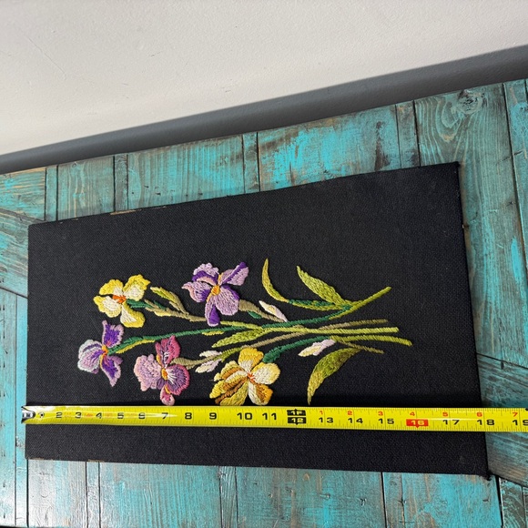 MCM Hand Embroidered Crewel Flower Black Background Unframed - Picture 6 of 9